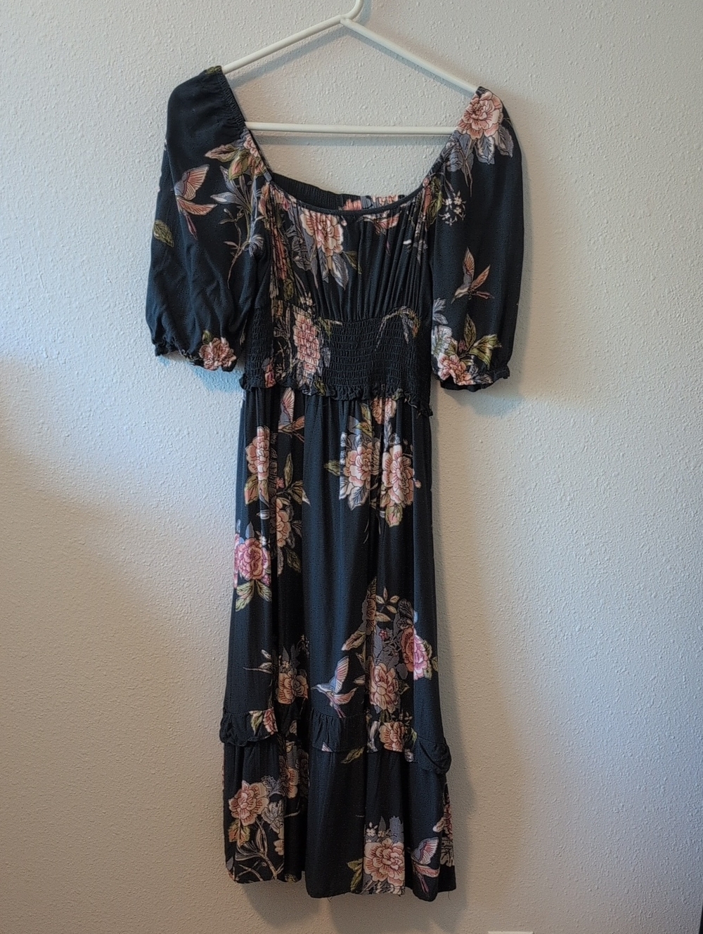 Angie Blue Midi Dress with Pink Floral Print